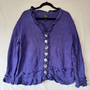Pure Handknit Womens Cotton Ruffled Cardigan L/XL Purple Cottagecore Boho Artsy